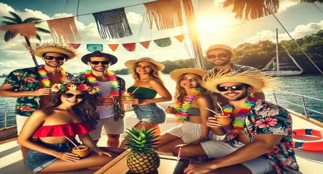 Enjoy a vibrant Hawaiian-themed party on a boat with tropical vibes, colorful decor, and sunny skies