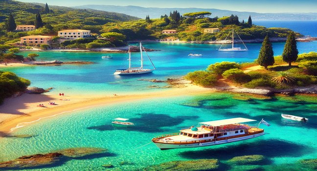 A picturesque beach in Corfu with boats anchored near turquoise waters, surrounded by lush greenery and golden sands