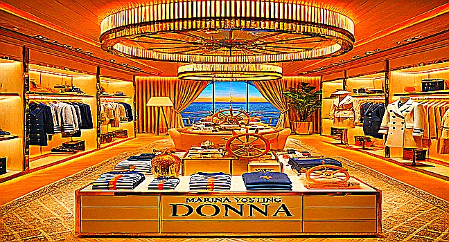 A high-end boutique interior with nautical-themed fashion, reflecting the sophistication of Marina Yachting Donna