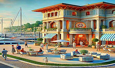 A stylish Italian yacht club with elegant architecture, outdoor socializing areas, and nautical-themed decor