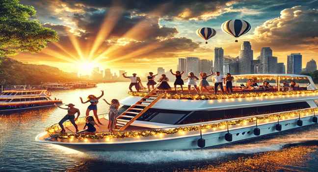 Celebrate in style on a luxurious party boat with stunning sunset views, vibrant music, and a festive ambiance