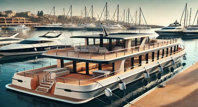 A sleek tourist boat with a contemporary design, docked at a bustling marina and surrounded by beautiful yachts under a clear sky