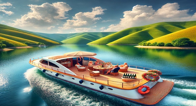 A luxurious boat tour with a small group enjoying refreshments and scenic views on calm waters, surrounded by rolling green hills under a bright blue sky