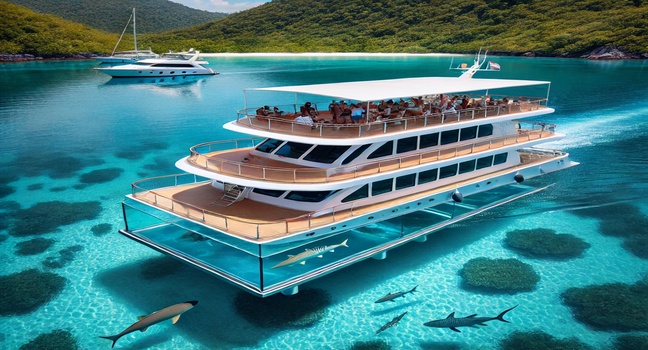 A modern glass-bottom touring boat sailing through crystal-clear waters, allowing tourists to observe vibrant marine life below, with tropical scenery in the background