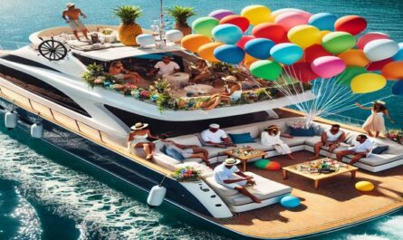 A luxury boat decorated for a vibrant party with colorful balloons and happy guests enjoying the sunny weather on calm blue waters