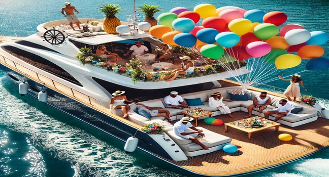 A luxury boat decorated for a vibrant party with colorful balloons and happy guests enjoying the sunny weather on calm blue waters