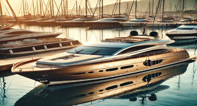 A stunning motor yacht docked at a sunny marina, showcasing sleek design and luxurious features