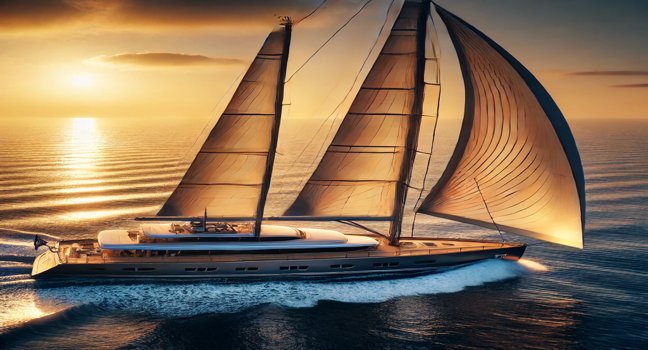 A luxurious sailing yachts for sale with sails deployed, captured at sunset, highlighting its elegance against golden hues