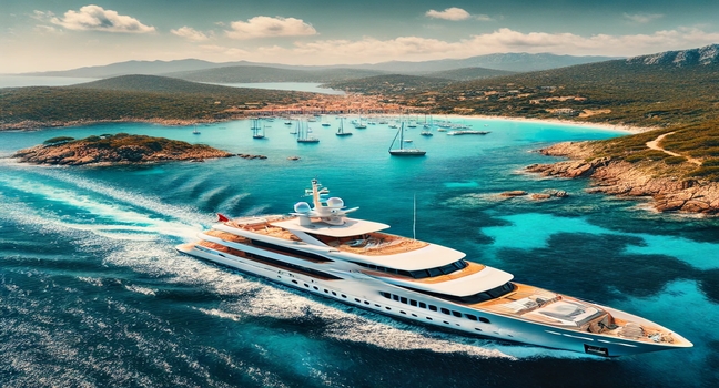 Enjoy a breathtaking cruise along the coastline of Porto Cervo, Sardinia, with panoramic views of the turquoise Mediterranean waters and lush landscapes