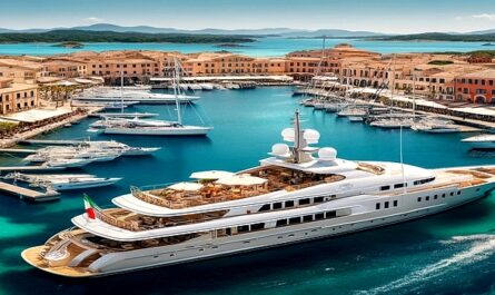 A luxury yacht docked at Porto Cervo marina, offering a perfect blend of elegance and breathtaking waterfront views in Sardinia's top destination