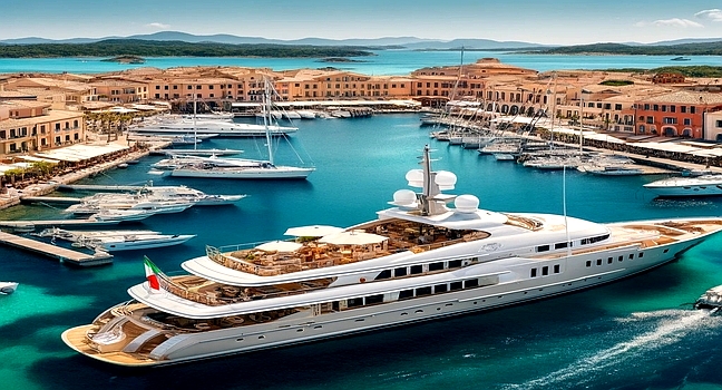 A luxury yacht docked at Porto Cervo marina, offering a perfect blend of elegance and breathtaking waterfront views in Sardinia's top destination