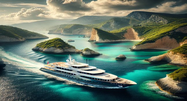 A luxurious yacht cruising through Boat Rental Corfu Greece's turquoise waters, surrounded by dramatic cliffs and a serene Greek island setting