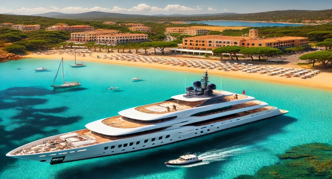 Relax on a luxury yacht anchored near the vibrant beach of Porto Cervo, Sardinia, with golden sands, crystal-clear blue waters, and stylish seaside resorts