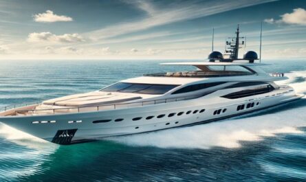 A sleek white luxury yacht cruising on blue waters under a sunny sky, showcasing elegance and modern design