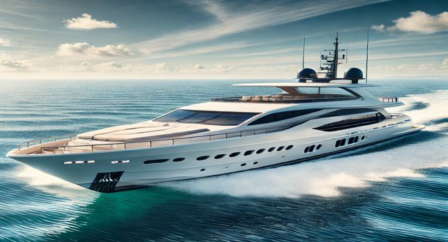 A sleek white luxury yacht cruising on blue waters under a sunny sky, showcasing elegance and modern design