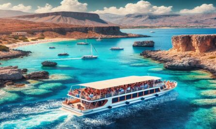 A group of tourists on a luxury boat cruising along the stunning coastline of Rhodes, Greece. The clear blue waters and hidden coves create a serene and beautiful backdrop