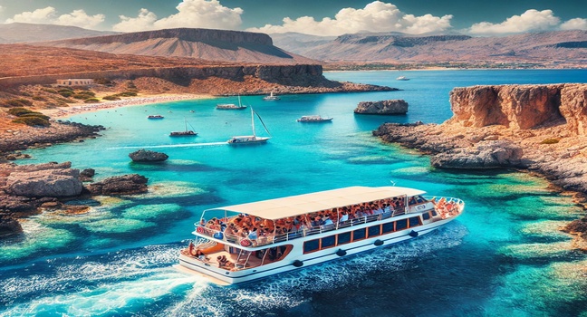 A group of tourists on a luxury boat cruising along the stunning coastline of Rhodes, Greece. The clear blue waters and hidden coves create a serene and beautiful backdrop