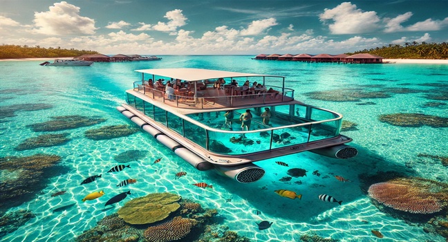 A luxury glass-bottom boat cruising over crystal-clear waters, showcasing vibrant marine life with a tropical coastline in the background