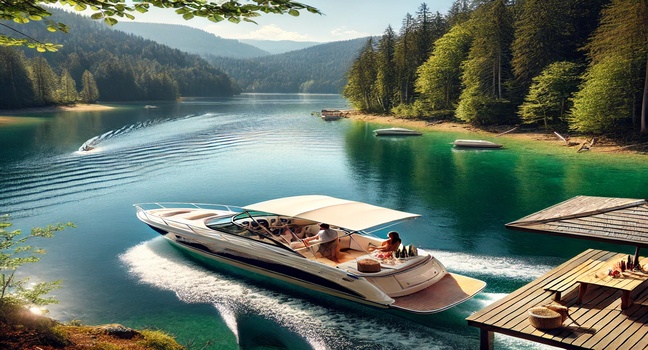 A luxury motorboat cruising on a pristine lake with a couple enjoying refreshments under a shaded canopy, surrounded by scenic nature