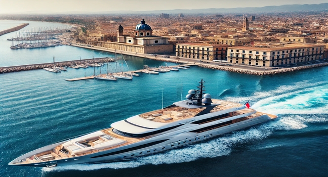 A luxury yacht cruising along the Palermo coastline, featuring panoramic views of the historic cityscape, rugged cliffs, and the Mediterranean Sea