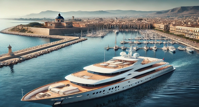 A luxury yacht docked at Marina Yachting Palermo, showcasing the scenic Sicilian coastline with clear waters and modern marina facilities