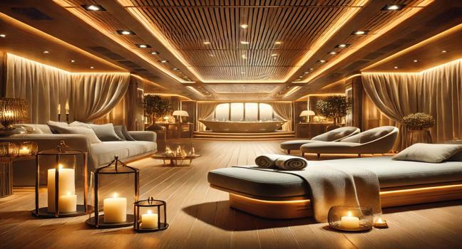 A serene spa environment inspired by mega yachts, featuring a massage bed, candles, and soft lighting for ultimate relaxation