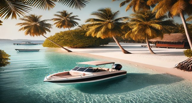 A motorboat anchored near a quiet beach with white sand and palm trees, surrounded by calm turquoise waters, ideal for a serene tropical getaway