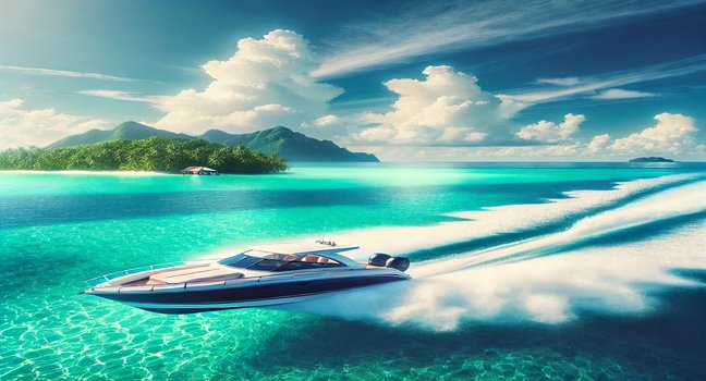 A motorboat speeding across turquoise ocean waters under a bright blue sky with a tropical island in the background, perfect for thrilling water adventures