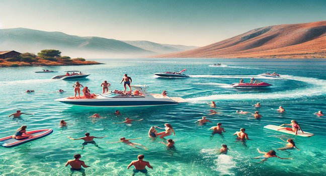 A group of people enjoying water sports near Motors Boats on a sunny day, surrounded by clear blue water and distant hills, perfect for adventurous activities