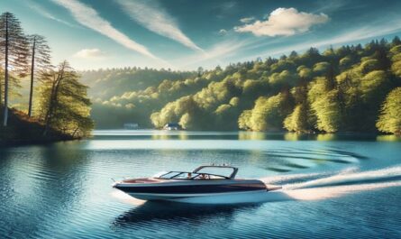 A sleek motorboat cruising on a calm blue lake surrounded by lush greenery, perfect for fishing, water sports, or relaxing adventures