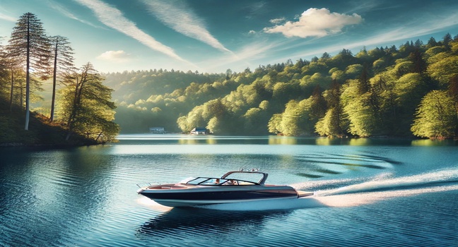 A sleek motorboat cruising on a calm blue lake surrounded by lush greenery, perfect for fishing, water sports, or relaxing adventures