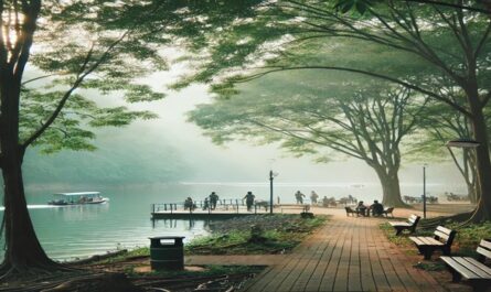 A serene lakeside environment with people enjoying nature, sitting on benches, and walking along paths under lush green trees. Perfect for a peaceful outing