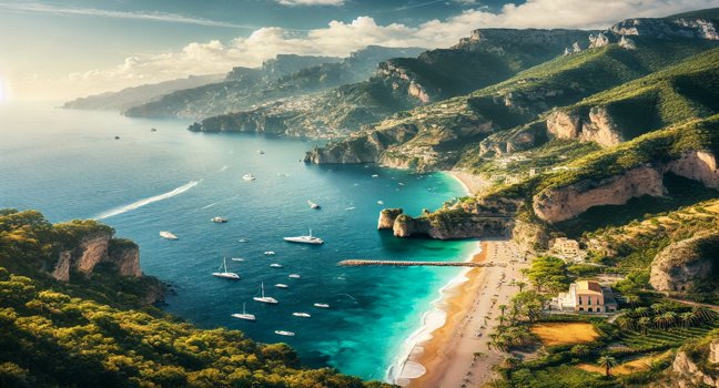 A stunning panoramic view of the Amalfi Coast featuring lush green cliffs, golden beaches, and the deep blue Mediterranean Sea. A perfect showcase of Italy’s natural beauty