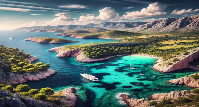 A panoramic view of the Croatian coastline featuring crystal-clear waters, rugged cliffs, and lush green hills. A beautiful showcase of Croatia’s stunning nature