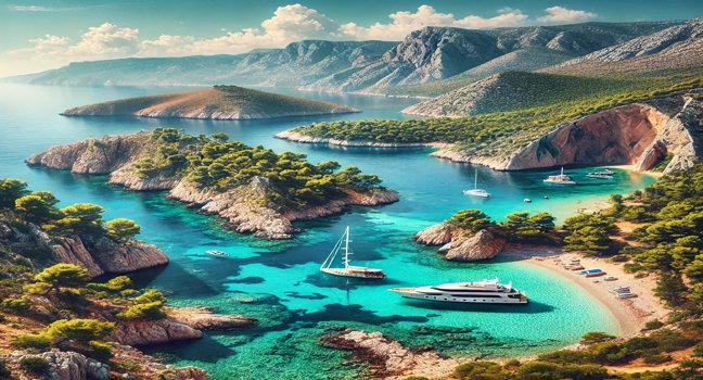 A panoramic view of the Croatian coastline featuring crystal-clear waters, rugged cliffs, and lush green hills. A beautiful showcase of Croatia’s stunning nature