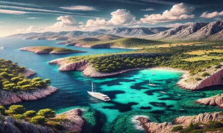 A breathtaking view of the Croatian coastline with turquoise waters, rocky cliffs, and lush green landscapes. A perfect showcase of Croatia’s natural beauty