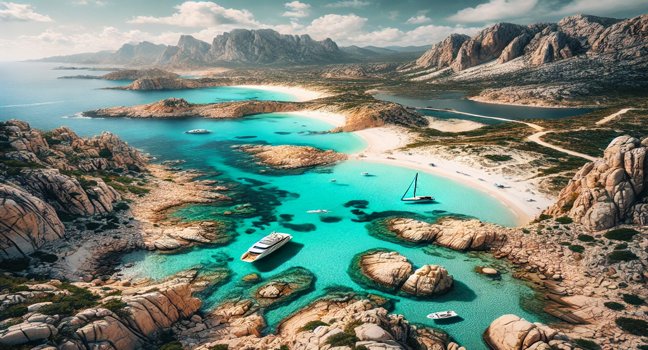 A panoramic perspective of Sardinia's breathtaking cliffs, turquoise waters, and pristine beaches, capturing the island's natural charm