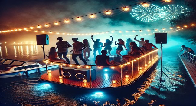 A group of people celebrating on a party boat at night, with string lights, music, and a vibrant atmosphere reflecting on the calm water