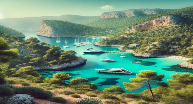 A calm Mediterranean bay with turquoise waters, lush green hills, and rocky cliffs. A perfect blend of natural beauty and elegance