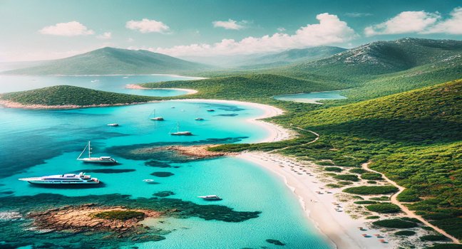 A peaceful view of Sardinia's coastline with turquoise waters, green hills, and white sand beaches, emphasizing natural beauty and expensive yachts for sale