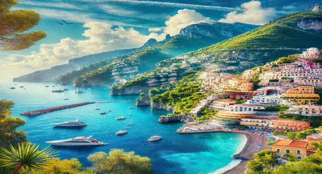 A stunning daytime view of the Amalfi Coast, featuring vibrant blue waters, lush green cliffs, and charming Italian villages. A perfect representation of Italy’s coastal beauty