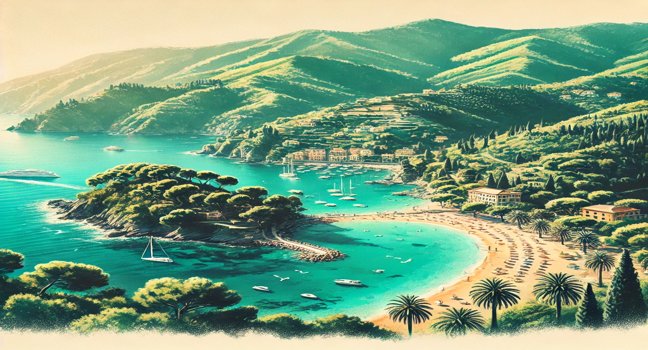 A stunning view of Italy's Mediterranean coastline with turquoise waters, sandy beaches, and lush green hills. Perfect for showcasing Italy's natural charm