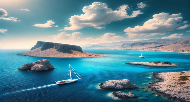 A sailboat boating around on the serene blue waters of the Aegean Sea near Rhodes, with a picturesque coastline featuring rugged cliffs and a bright sunny sky in the background