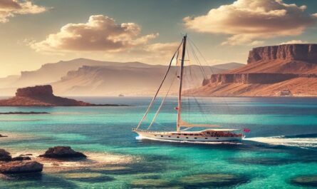 A sailboat gliding on the crystal-clear blue waters of the Aegean Sea near Rhodes, with a backdrop of the island's dramatic coastline, rugged cliffs, and a sunny sky