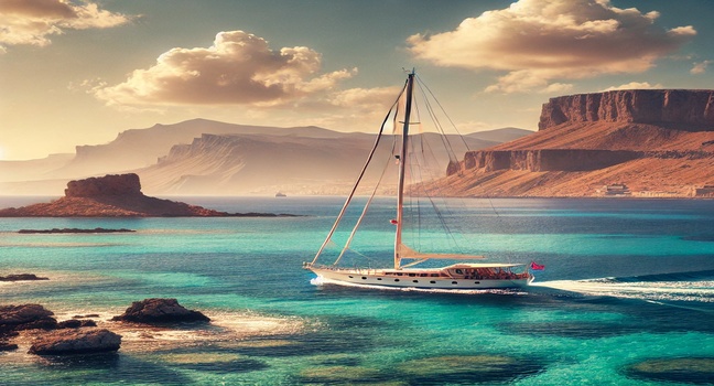 A sailboat gliding on the crystal-clear blue waters of the Aegean Sea near Rhodes, with a backdrop of the island's dramatic coastline, rugged cliffs, and a sunny sky