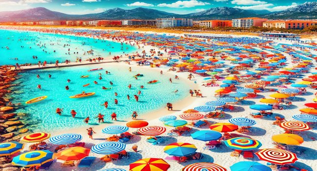 A vibrant Sardinian beach with colorful umbrellas, clear waters, and families enjoying the sunny day