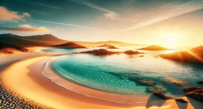 A serene Sardinian beach at sunrise with golden sand, turquoise waters, and gentle waves