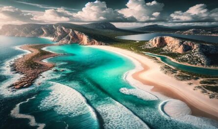 A stunning aerial view of Sardinia's pristine white sandy beaches, turquoise waters, and lush greenery