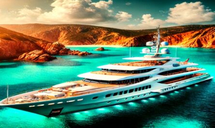 A luxurious yacht anchored off the coast of Sardinia, surrounded by turquoise waters and vibrant cliffs under a sunny sky, showcasing Mediterranean elegance