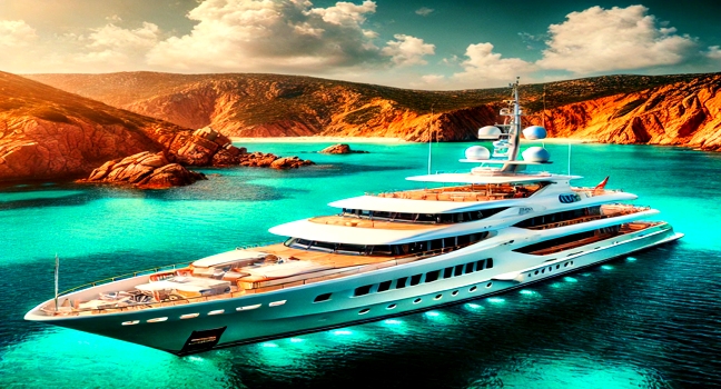 A luxurious yacht anchored off the coast of Sardinia, surrounded by turquoise waters and vibrant cliffs under a sunny sky, showcasing Mediterranean elegance